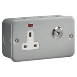 Knightsbridge  13A Key Switch 2-Gang 2-Pole Switched Metal Clad Socket Grey with White Inserts