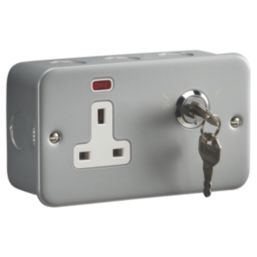 Knightsbridge  13A Key Switch 2-Gang 2-Pole Switched Metal Clad Socket Grey with White Inserts