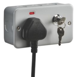 Knightsbridge  13A Key Switch 2-Gang 2-Pole Switched Metal Clad Socket Grey with White Inserts