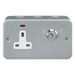 Knightsbridge  13A Key Switch 2-Gang 2-Pole Switched Metal Clad Socket Grey with White Inserts
