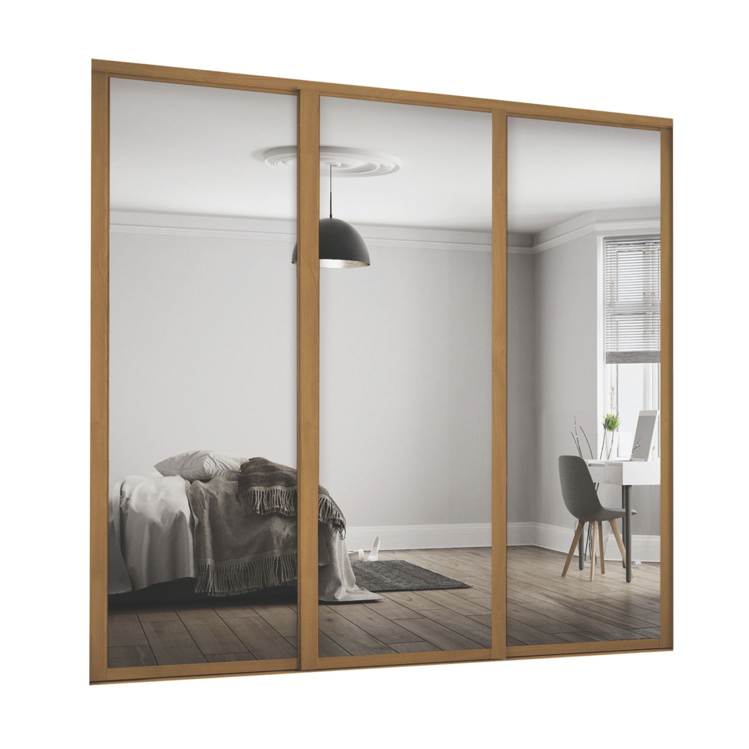 Spacepro Shaker 3-Door Framed Sliding Wardrobe Doors Oak Frame Mirror Panel 2692mm x 2260mm (7749F)