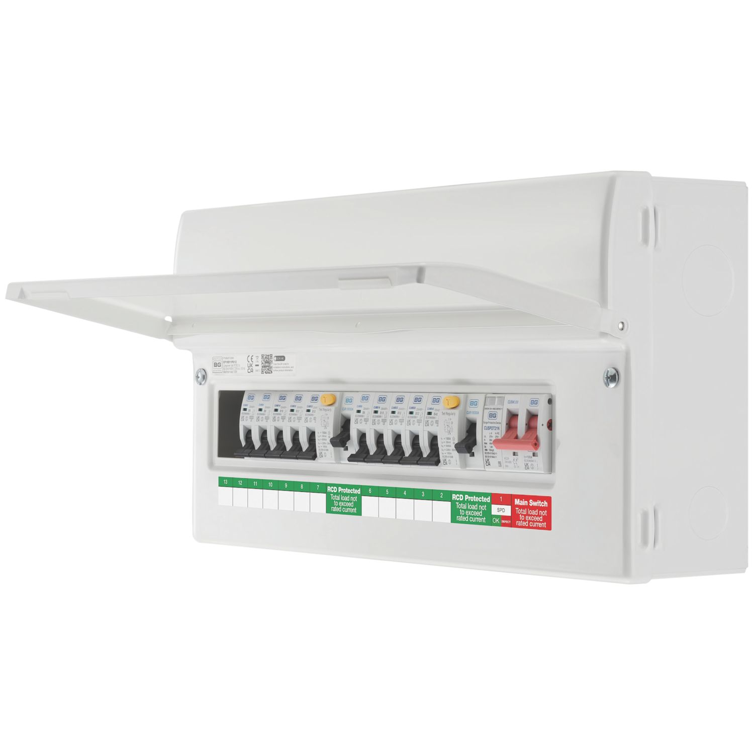 British General Circuit Protection 12-Module 10-Way Part-Populated High Integrity Main Switch Consumer Unit with SPD (775CY)