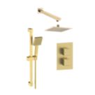 Iowa HP/Combi Flexible Concealed Brushed Brass Thermostatic Square Concealed Shower Mixer with Riser Handset & Overhead Outlet