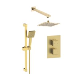 Iowa HP/Combi Flexible Concealed Brushed Brass Thermostatic Square Concealed Shower Mixer with Riser Handset & Overhead Outlet