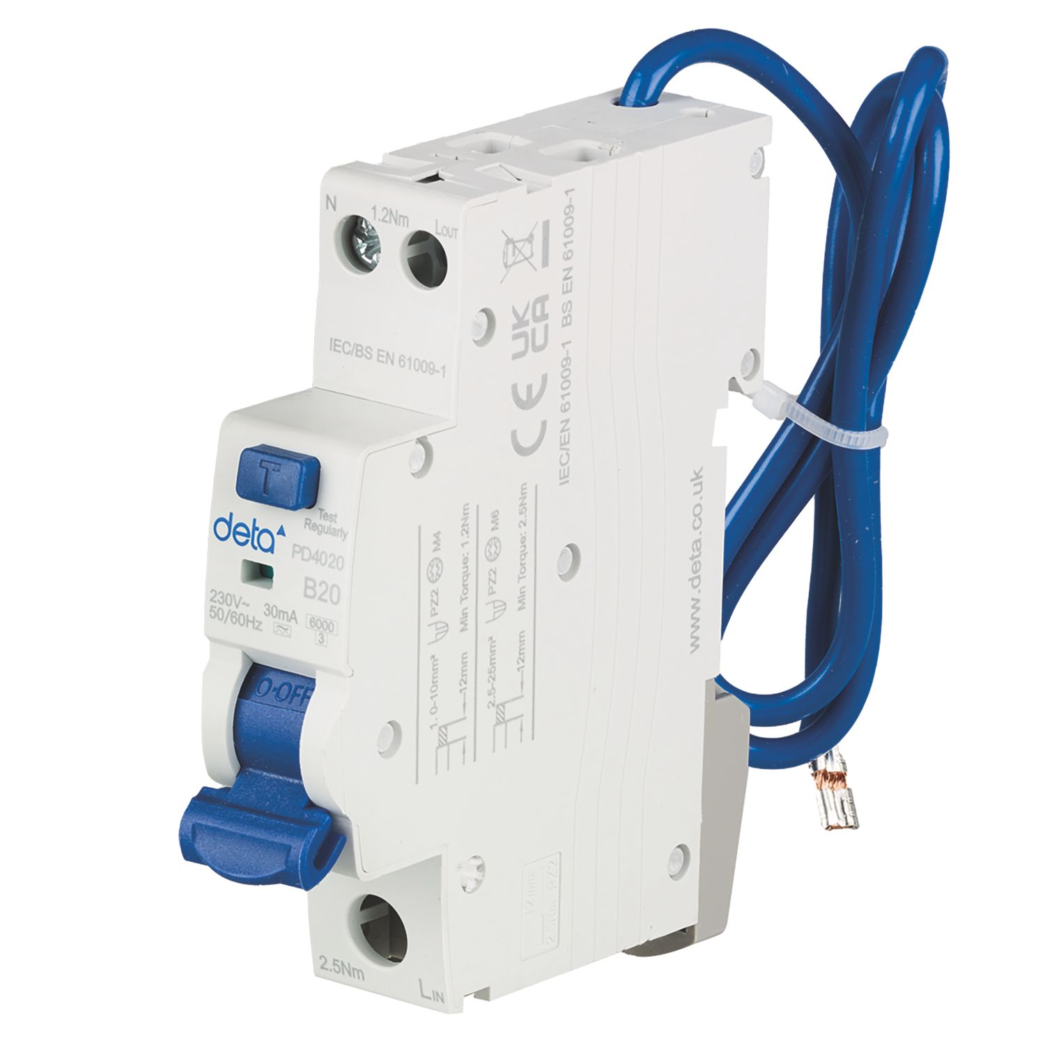 Deta 20A 30mA Type A SP & N B Curve Mini RCBO (778PV)