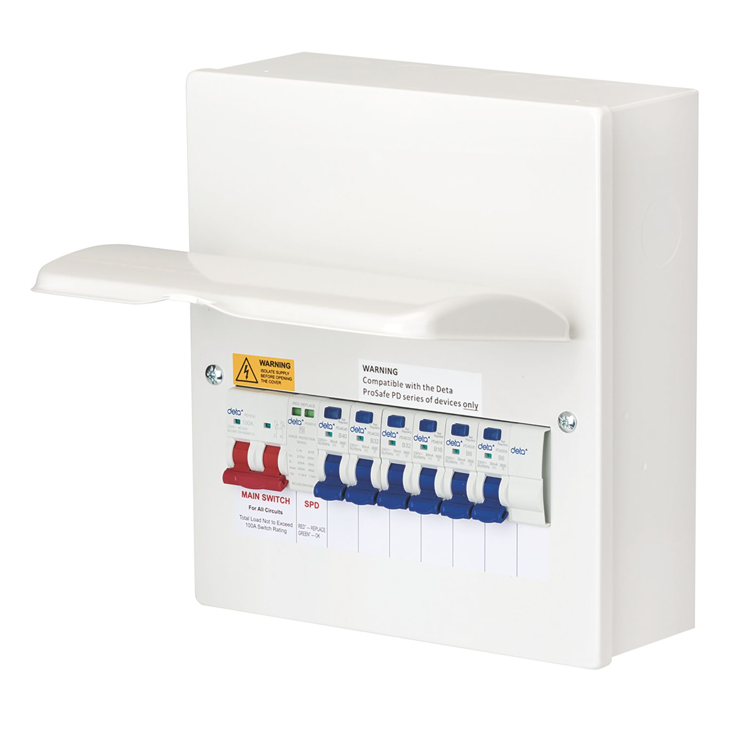 Deta 10-Module 7-Way Populated Main Switch Consumer Unit with SPD (779PV)