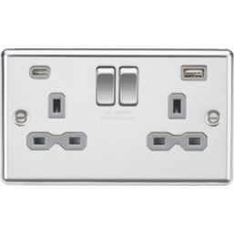 Knightsbridge  13A 2-Gang SP Switched Socket + 4.0A 20W 2-Outlet Type A & C USB Charger Polished Chrome with Grey Inserts