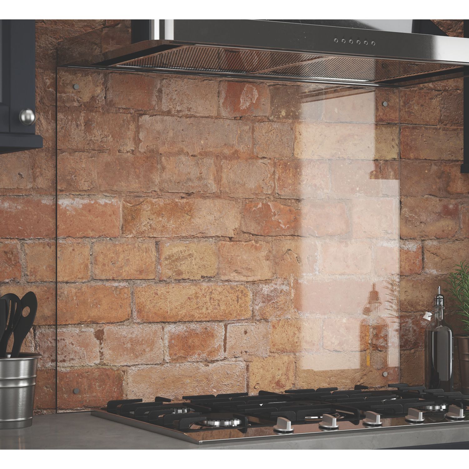 Splashback Clear with Brushed Chrome Caps Splashback 900mm x 750mm x 6mm (782RX)