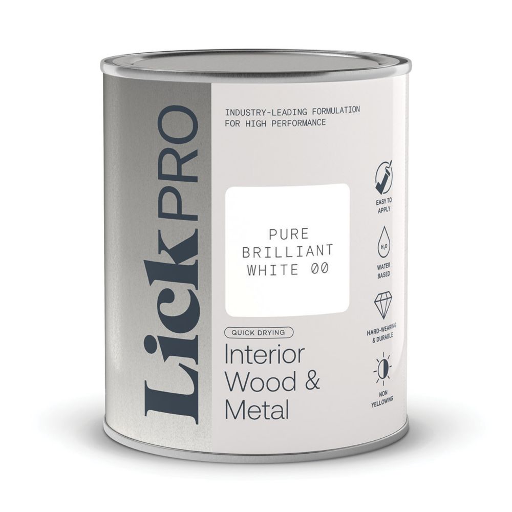 LickPro 1Ltr Pure Brilliant White Satin WaterBased Trim Paint Screwfix