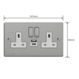 Varilight  13A 2-Gang 1P+N Switched Socket + 4A 20W 2-Outlet Type A & C USB Charger Brushed Steel with White Inserts