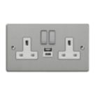 Varilight  13A 2-Gang 1P+N Switched Socket + 4A 20W 2-Outlet Type A & C USB Charger Brushed Steel with White Inserts