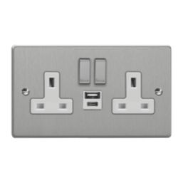 Varilight  13A 2-Gang 1P+N Switched Socket + 4A 20W 2-Outlet Type A & C USB Charger Brushed Steel with White Inserts