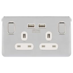 Schneider Electric Lisse Deco 13A 2-Gang SP Switched Socket + 2.1A 2-Outlet Type A USB Charger Polished Chrome with White Inserts