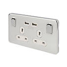Schneider Electric Lisse Deco 13A 2-Gang SP Switched Socket + 2.1A 2-Outlet Type A USB Charger Polished Chrome with White Inserts