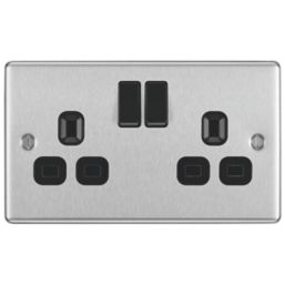 LAP  13A 2-Gang SP Switched Plug Sockets Brushed Stainless Steel  with Black Inserts 5 Pack