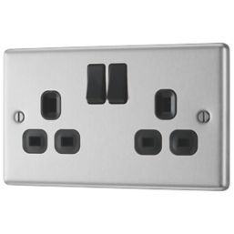 LAP  13A 2-Gang SP Switched Plug Sockets Brushed Stainless Steel  with Black Inserts 5 Pack