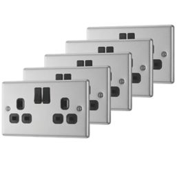 LAP  13A 2-Gang SP Switched Plug Socket Brushed Stainless Steel  with Black Inserts 5 Pack