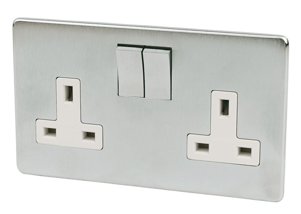 Crabtree Platinum 13A 2-Gang DP Switched Plug Socket Satin Chrome  with White Inserts