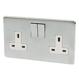 Crabtree Platinum 13A 2-Gang DP Switched Plug Socket Satin Chrome  with White Inserts
