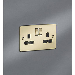 Knightsbridge  13A 2-Gang DP Switched Double Socket Brushed Brass  with Black Inserts