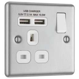 LAP  13A 1-Gang SP Switched Socket + 2.1A 10.5W 2-Outlet Type A USB Charger Brushed Stainless Steel with White Inserts