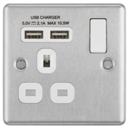 LAP  13A 1-Gang SP Switched Socket + 2.1A 10.5W 2-Outlet Type A USB Charger Brushed Stainless Steel with White Inserts