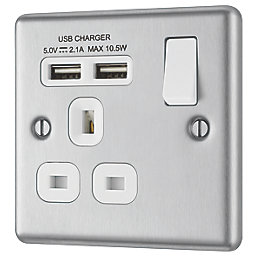 LAP  13A 1-Gang SP Switched Socket + 2.1A 10.5W 2-Outlet Type A USB Charger Brushed Stainless Steel with White Inserts