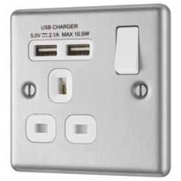 LAP  13A 1-Gang SP Switched Socket + 2.1A 10.5W 2-Outlet Type A USB Charger Brushed Stainless Steel with White Inserts