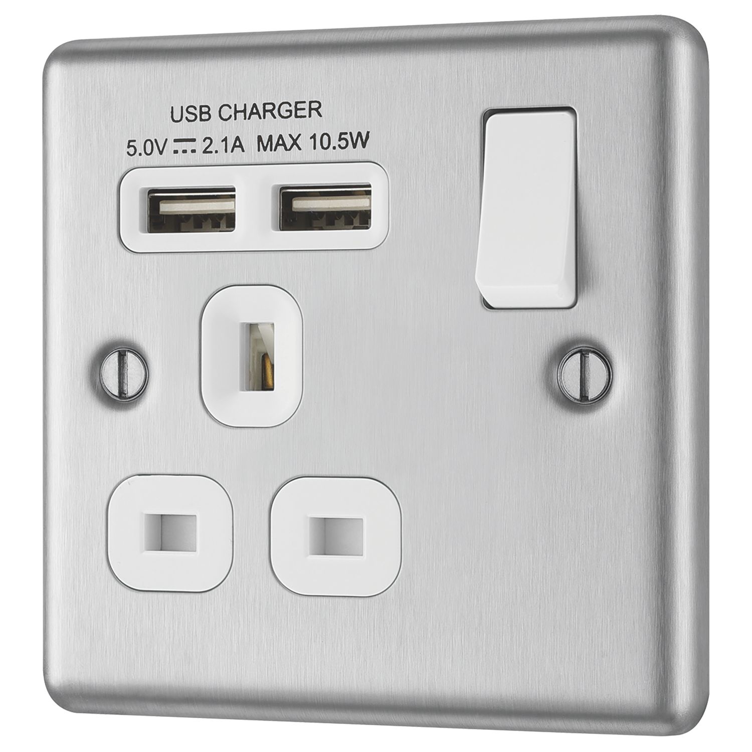 LAP 13A 1-Gang SP Switched Socket + 2.1A 10.5W 2-Outlet Type A USB Charger Brushed Stainless Steel with White Inserts (7864F)