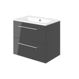 Ohio 2-Drawer Bathroom Vanity Unit with Ceramic Basin Gloss Dark Grey 610mm x 460mm x 518mm