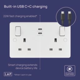 LAP  13A 2-Gang SP Switched Socket + 3.25A 22W 2-Outlet Type C USB Charger White with Colour-Matched Inserts