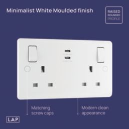 LAP  13A 2-Gang SP Switched Socket + 3.25A 22W 2-Outlet Type C USB Charger White with Colour-Matched Inserts