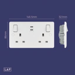 LAP  13A 2-Gang SP Switched Socket + 3.25A 22W 2-Outlet Type C USB Charger White with Colour-Matched Inserts