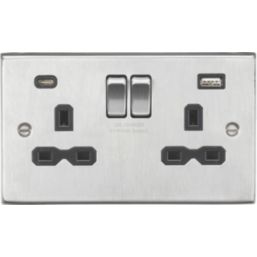 Knightsbridge  13A 2-Gang SP Switched Socket + 4.0A 20W 2-Outlet Type A & C USB Charger Brushed Chrome with Black Inserts