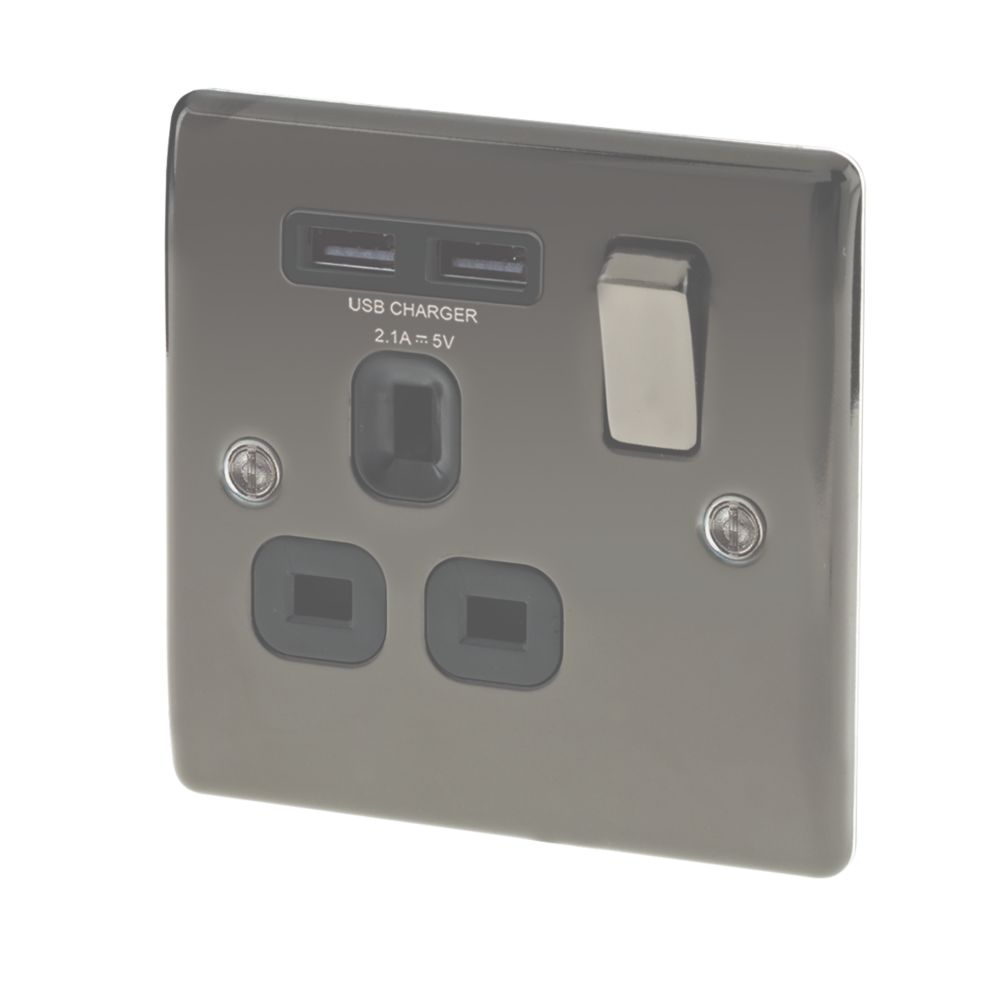 British General Nexus Metal 13A 1-Gang SP Switched Socket + 2.1A 10.5W 2-Outlet Type A USB Charger Black Nickel with Black Inserts