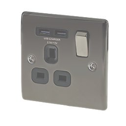 British General Nexus Metal 13A 1-Gang SP Switched Socket + 2.1A 2-Outlet Type A USB Charger Black Nickel with Black Inserts