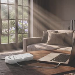 Masterplug 13A 2-Gang Switched Surge-Protected Extension Lead + 3.25A 3-Outlet Type A & C USB Charger Matt White 2m