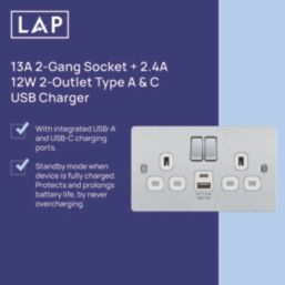 LAP  13A 2-Gang SP Switched Socket + 2.4A 12W 2-Outlet Type A & C USB Charger Brushed Steel with White Inserts