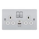 LAP  13A 2-Gang SP Switched Socket + 2.4A 12W 2-Outlet Type A & C USB Charger Brushed Steel with White Inserts