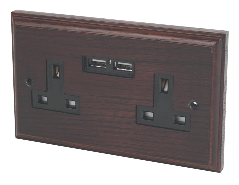 Varilight  13AX 2-Gang Unswitched Socket + 2.1A 10.5W 2-Outlet Type A USB Charger Dark Oak with Black Inserts