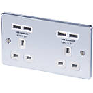LAP  13A 2-Gang Unswitched Socket + 4.2A 4-Outlet Type A USB Charger Polished Chrome with White Inserts