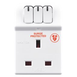 Masterplug 13A Fused 3-Way Surge-Protected Plug Adaptor White