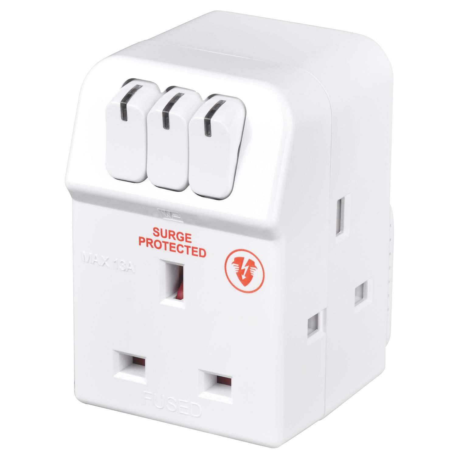 Masterplug 13A Fused 3-Way Surge-Protected Plug Adaptor White (79089)