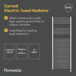 Flomasta 1600mm x 600mm 1706BTU Chrome Curved Electric Towel Radiator