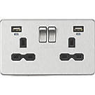 Knightsbridge SFR9904NBC 13A 2-Gang SP Switched Socket + 2.4A 2-Outlet Type A USB Charger Brushed Chrome with Black Inserts