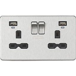 Knightsbridge  13A 2-Gang SP Switched Socket + 2.4A 12W 2-Outlet Type A USB Charger Brushed Chrome with Black Inserts