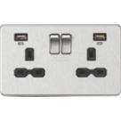 Knightsbridge  13A 2-Gang SP Switched Socket + 2.4A 12W 2-Outlet Type A USB Charger Brushed Chrome with Black Inserts