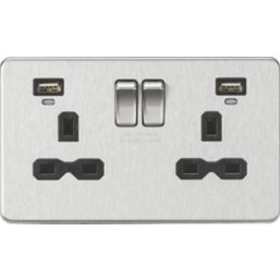 Knightsbridge  13A 2-Gang SP Switched Socket + 2.4A 12W 2-Outlet Type A USB Charger Brushed Chrome with Black Inserts
