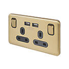 Schneider Electric Lisse Deco 13A 2-Gang SP Switched Socket + 2.1A 2-Outlet Type A USB Charger Satin Brass with Black Inserts