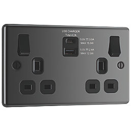 LAP  13A 2-Gang SP Switched Socket + 4.2A 2-Outlet Type A & C USB Charger Black Nickel with Black Inserts
